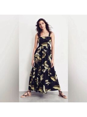 Witchery Black Palm Leaf Ruched Back Maxi Dress Size 8 Tiered Skirt